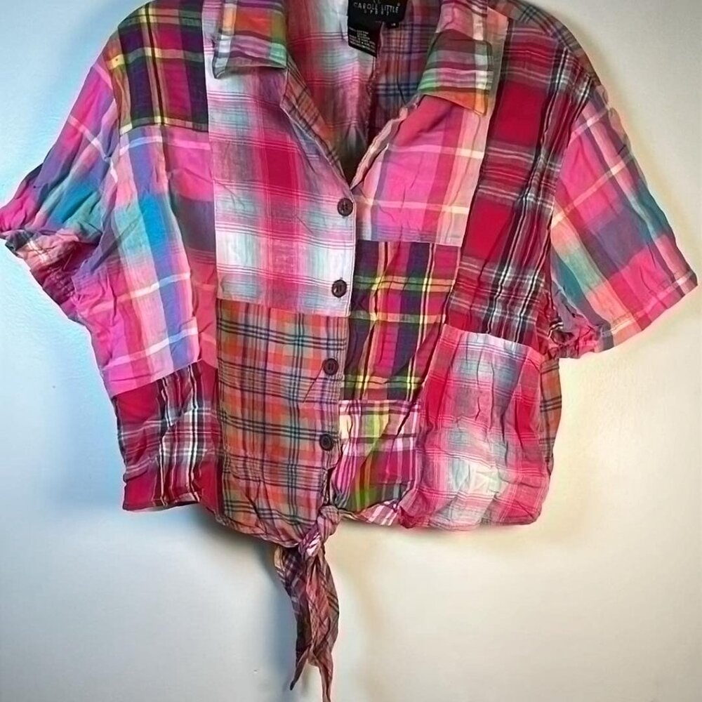 Vintage Carole Little Sport Madras Front Tie Blouse SZ 14 BBQ Beach Party Summer